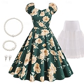 billige Outfits-Set 1950s Retro Vintage Rockabilly Tea Length Knee Length Dress Petticoat Tea Dress with Accessories Floral Fit &amp; Flare Swing Fancy Dress Women's Christmas Carnival New Year Revival Tea Party Adults'