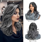 cheap Older Wigs-Short Dark Grey Mix Black Layered Wig with Curtain Bangs,Synthetic Gray Layered Wavy Middle Part Butterfly Wigs for Black White Women Daily Party Cosplay Costume 18Inch