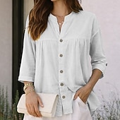 billiga Enkla blusar-Dam Skjorta Casual skjorta Knapp upp skjorta Konstbomullslinne Rynkad Ensfärgat Slät Elegant Semester Mode Halvlång ärm Hög krage Långa toppar Streetwear Strand Helgdag Blå Svart Vit Rodnande Rosa