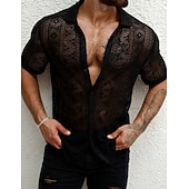 cheap Men's Smart Casual Shirts-Men's Shirt Casual Shirt Button Up Shirt Jacquard Shirt Black Short Sleeve Plain Shirt Collar Casual Daily Lace Clothing Apparel Elegant Fashion Casual