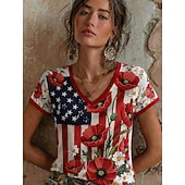  día de la independencia americana Mujer Camiseta Estampado Floral Graphic Letra Elegante Clásico Casual Manga Corta Escote en Pico Tops regulares Casual Diario Azul Piscina Negro Rojo Azul Marino