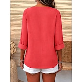  Chemises en lin pour femmes, blouses boutonnées, couleur unie, manches 3/4, col en V, coupe classique, pour tous les jours, noir, blanc, rouge, orange, vert, été, printemps, automne
