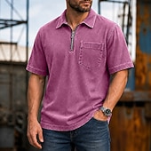 tanie Męska klasyczna koszulka polo-Koszule polo SoftFade™ Męskie 100% Bawełna Koszula z efektem washed Casual Codzienny ubiór Zamek ćwierć zamka Krótki rękaw Vintage Podstawowa Gładka Kieszonka Zniszczona Lato Luźny krój Czarny Różowy