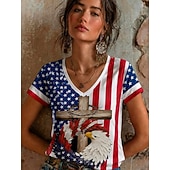  día de la independencia americana Mujer Camiseta Estampado Floral Graphic Letra Elegante Clásico Casual Manga Corta Escote en Pico Tops regulares Casual Diario Azul Piscina Negro Rojo Azul Marino