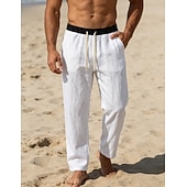 preiswerte Vakantie-Men's Linen Pants Trousers Summer Pants Beach Pants Drawstring Pocket Elastic Waist Color Block Comfort Breathable Knee Length Daily Outdoor Beach Vacation Fashion Black White Inelastic