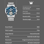 preiswerte Mechanische Uhren-Luxuriöse, automatische Herrenuhr, zweifarbiges Edelstahlgehäuse, blaues Zifferblatt im Skelett-Tourbillon-Stil, selbstaufziehende Business-Armbanduhr mit Großdatum, 24-Stunden-Anzeige, wasserdicht
