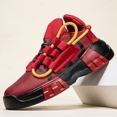 cheap Casual Sneakers-Men's Red Athletic Sneakers, Lace-Up Sport Running Shoes, Bold Colorblock Training Shoes for Gym, Streetwear, Outdoor