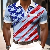  2026 250. Herren Amerikanische US-Flagge Polo Hemden Kurzarm Polo Hemden Kragen Hemden Business Casual Outdoor Athleisure Alltagsbekleidung 3D-Druck Knöpfe Atmungsaktives Mesh Frühling  Sommer Blau