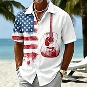  Herren 250. Jubiläums Patriotic Gitarre Amerikanische Flagge Knopfleistenhemd Kurzarm Knopfleiste Sommer Urlaubsoberteil