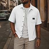 abordables camisa con botones para hombre-Hombre Camisa Camisa casual Camisa de Pana Abotonar la camisa Negro Blanco Azul claro Manga Corta Plano Tiras verticales Cuello Camisero Casual Diario Bolsillo delantero Ropa Elegante Moda Casual