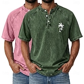 billige Casual Henley Tee-SoftFade™ Men's 2-PCS Coconut Tree T Shirt Demin Shirt 100% Cotton Acid Wash Shirt Short Sleeve Vintage Streetwear Casual Home Street Summer Spring Black Light Green Light Blue Stand