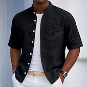 abordables Camisas informales elegantes para hombre-Men's Shirt Waffle Shirt Casual Shirt Button Up Shirt Black Light Green Navy Blue Purple Military Green Short Sleeve Plain Grandad Collar Casual Daily Front Pocket Clothing Apparel Elegant Fashion
