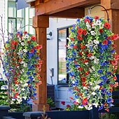 baratos Flor artificial-Conjunto de 12 flores artificiais patrióticas vermelhas, azuis e brancas para pendurar, decoração de varanda em comemoração ao 4 de julho, 250º aniversário da independência, arranjo floral para o Dia