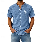 cheap Men's Smart Casual Shirts-Men's Shirt Casual Shirt Button Up Shirt Garment Dyed Acid Wash Shirt Light Green Pink khaki Gray Light Blue Short Sleeve Plain Grandad Collar Casual Daily Clothing Apparel Elegant Fashion Casual