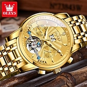 preiswerte Mechanische Uhren-Luxuriöse, automatische Herrenuhr, zweifarbiges Edelstahlgehäuse, blaues Zifferblatt im Skelett-Tourbillon-Stil, selbstaufziehende Business-Armbanduhr mit Großdatum, 24-Stunden-Anzeige, wasserdicht