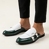 billiga Herrtofflor och träskor-Herr vita och gröna dubbelmunk-loafers med slip-on-detaljer, eleganta uttalandeskor för snygga män, bröllop, banketter, fester och kvällskläder