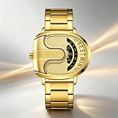 abordables Quartz Watches-Men's Luxury Gold Watch Creative Unique Design Rolling Disc Dial Futuristic Cyberpunk Style Stainless Steel Band Waterproof Fashion Cool Casual Wristwatch Gifts for Men