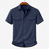 cheap Men's Work Shirts-Men's Shirt Casual Shirt Corduroy Shirt Button Up Shirt Black White Yellow Navy Blue Brown Short Sleeve Plain Shirt Collar Casual Daily Front Pocket Clothing Apparel Elegant Fashion Casual