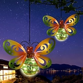 voordelige Pathway Lights &amp; Lanterns-Set van 2 hangende lantaarns op zonne-energie met vlindermotief, waterdichte metalen tuindecoratie met lichtslingers. &amp;Lente vleugels, groene vlinder solar lantaarns voor terras, tuin, veranda,