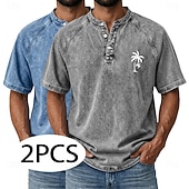 billige Casual Henley Tee-SoftFade™ Men's 2-PCS Coconut Tree T Shirt Demin Shirt 100% Cotton Acid Wash Shirt Short Sleeve Vintage Streetwear Casual Home Street Summer Spring Black Light Green Light Blue Stand