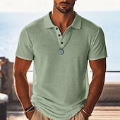 halpa Men's Classic Polo-Men's Linen Shirt Polo Shirts Casual Vacation Classic Short Sleeve Vacation Fashion Plain Textured Lightweight Buttons Summer Spring Blue Black Pink Green Light Blue Linen Shirt