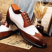 cheap Classic Dress Shoes-Men's Two-Tone Wingtip Oxford Dress Shoes, Brown &amp; White Brogue Leather Formal Shoes for Business Men, Wedding, Party, Banquet and Office Wear