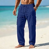 preiswerte Urlaub-Herren Cargo-Hosen Hose Sommerhose Strandhose Gaze-Hosen Kordelzug Elastischer Bund Mehrere Taschen Einfach Komfort Weich Volle Länge Täglich Outdoor Strand Urlaub Mode Khaki Schwarz Unelastisch