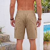 cheap Holiday-Men's Shorts Linen Shorts Summer Shorts Beach Shorts Drawstring Elastic Waist Multi Pocket Plain Comfort Soft Knee Length Daily Outdoor Beach Vacation Fashion Khaki Black Inelastic