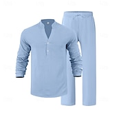 economico Camicie di lino-Per uomo Due pezzi Camicia popover Set Camicia E Pantaloni Impostare Semplice Casuale Quotidiano Vacanza Scollo a V Manica Lunga Estate Primavera Moda Casual Confortevole Abbigliamento