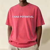  Camiseta masculina sarcástica "Eu tinha potencial" 100% algodão, lavagem ácida, tecido pesado, manga curta, estampa DTG, gola redonda, moda casual, férias, azul, preto, vermelho, primavera &vestuário