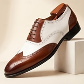cheap Classic Dress Shoes-Men's Two-Tone Wingtip Oxford Dress Shoes, Brown &amp; White Brogue Leather Formal Shoes for Business Men, Wedding, Party, Banquet and Office Wear