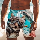  男性用 猫 フクシア スイムトランク 水着 スイムショーツ ボードショーツ ミディアムウエスト おかしい 日常 ビーチでの休暇 サイドポケット メッシュライニング 伸縮性のあるドローストリングウエスト デザイナー 衣類
