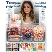 abordables Almacenamiento para la cocina-4PCS Crystal Clear Freezer Storage Bins with Handles, Stackable Deep Freezer Organizer Containers for Upright and Chest Freezer, Refrigerator Drawer Organizer Baskets for Meat, Vegetables, Frozen Food