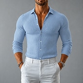 billiga Smart Casual skjortor för män-Herr Skjorta Ribbad stickad Casual skjorta Knapp upp skjorta Svart Vit Grå Ljusblå Långärmad Slät Tröjkrage Ledigt Dagligen Kläder Elegant Mode Ledigt Trendig