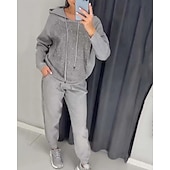 baratos Fatos de treino-Mulheres Conjuntos de moletom com capuz Agasalho de 2 peças Trajes de lazer Com Cordão Com Capuz Cor Sólida Conjunto de roupa atlética Primavera Outono Preto Branco Academia Treino de Ginástica