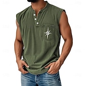 abordables Camisetas sin mangas de gimnasio-Hombre Camisa 100% algodón con lavado ácido Camisa sin mangas Sin Mangas Henley Verano Geométrico Casual Prenda teñida Desteñido Lavado vintage Casual Diario Ropa de calle Negro Verde Oscuro Gris