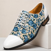 cheap Elemental Dress Shoes-Men's Blue Floral Oxford Shoes Lace-Up Dress Shoes Elegant Statement Footwear for Wedding Guests, Banquets, Parties, Prom and Formal Evening Wear