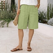 cheap Pants-Women's Cotton Linen Shorts Bermuda Shorts Shorts Baggy Shorts Vacation Vintage Fashion Knee Length Low Waist Solid Color Plain Pocket Elastic Waistband Comfort Soft Breathable Inelastic Streetwear