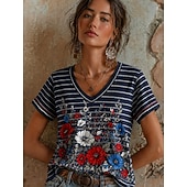  día de la independencia americana Mujer Camiseta Estampado Floral Graphic Letra Elegante Clásico Casual Manga Corta Escote en Pico Tops regulares Casual Diario Azul Piscina Negro Rojo Azul Marino
