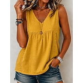  Femmes Chemise Couleur Unie Uni Bohème ancien Mode Sans manches Col en V Hauts Longs Occasionnel Bleu Blanche Jaune Été Printemps