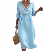 cheap Plain Dress-Women's Long Dress Maxi Dress Sundress Elegant Vacation Beach Holiday Loose Fit Solid Color Half Sleeve V Neck Light Blue Denim Blue turmeric off white Summer Spring