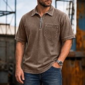 tanie Męska klasyczna koszulka polo-Koszule polo SoftFade™ Męskie 100% Bawełna Koszula z efektem washed Casual Codzienny ubiór Zamek ćwierć zamka Krótki rękaw Vintage Podstawowa Gładka Kieszonka Zniszczona Lato Luźny krój Czarny Różowy