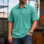 tanie Męska klasyczna koszulka polo-Koszule polo SoftFade™ Męskie 100% Bawełna Koszula z efektem washed Casual Codzienny ubiór Zamek ćwierć zamka Krótki rękaw Vintage Podstawowa Gładka Kieszonka Zniszczona Lato Luźny krój Czarny Różowy