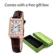 abordables Montres à quartz-Montre Tank vintage pour femme, boîtier rectangulaire en or rose, cadran rétro à chiffres romains avec aiguilles bleues, bracelet en cuir noir, petite montre à quartz pour femme, montre habillée ou