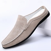 baratos Socas e Mules para Homem-Mocassins masculinos bege perfurados, modelo slip-on, leves e confortáveis, ideais para uso diário, viagens, dirigir e momentos de lazer no verão.