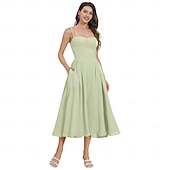 baratos Vestidos-Anos 50 Retro Vintage Até o Tornozelo Vestidos Vestido swing Alças Finas Côr Sólida Justo &amp; Evasê Balanço Fantasia Mulheres Dia dos namorados Festa de Chá Casual / Diário Adulto Vestido Verão