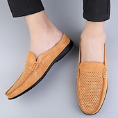 baratos Socas e Mules para Homem-Mocassins masculinos bege perfurados, modelo slip-on, leves e confortáveis, ideais para uso diário, viagens, dirigir e momentos de lazer no verão.