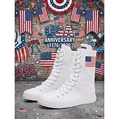  Witte, patriottische canvas sneakers voor dames met hoge schacht – veterschoenen met Amerikaanse vlag voor Onafhankelijkheidsdag en parades &casual streetwear