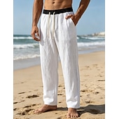preiswerte Vakantie-Men's Linen Pants Trousers Summer Pants Beach Pants Drawstring Pocket Elastic Waist Color Block Comfort Breathable Knee Length Daily Outdoor Beach Vacation Fashion Black White Inelastic