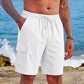 cheap Holiday-Men's Shorts Linen Shorts Summer Shorts Beach Shorts Drawstring Elastic Waist Multi Pocket Plain Comfort Soft Knee Length Daily Outdoor Beach Vacation Fashion Khaki Black Inelastic